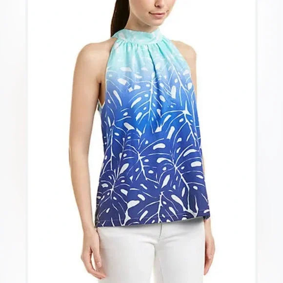 Vineyard Vines Aqua Blue white printed cotton-silk tie halter top size 2 - Picture 1 of 10